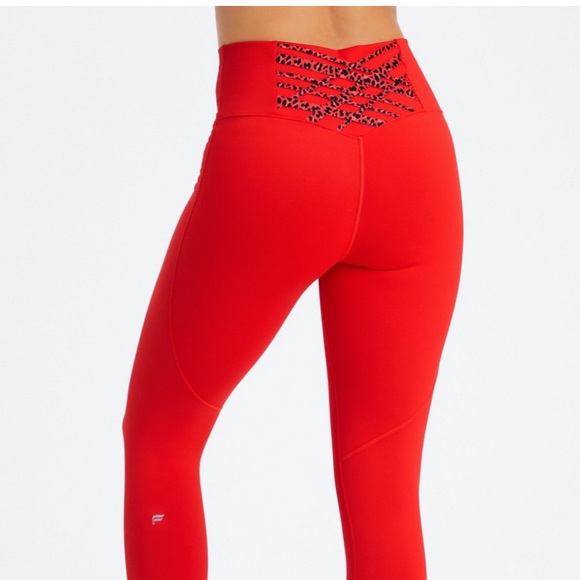 Fabletics Electric Cherry/Electric Cherry Mini Leopard Sports bra and leggings. - Picture 4 of 9